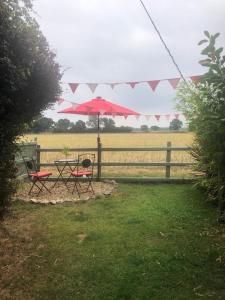 a picnic table and chairs under an umbrella in a field at Soldiers Cottage, with HOT TUB, dog friendly, great views in Hereford