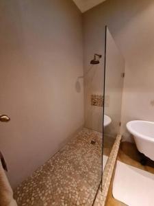 a bathroom with a glass shower and a sink at Stone Castle, Dullstroom Country Estate in Dullstroom +65 photos