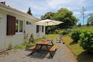Compreignac的住宿－Dominant l'etang，院子里的木桌和雨伞