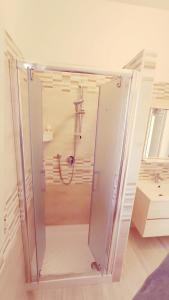 uma cabina de duche em vidro na casa de banho com um lavatório em One Love apartments em Lupetto