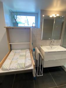 baño pequeño con lavabo y armario blanco en Centre superbe appt 6 personnes avec terrasse classé 3 étoiles, en La Bresse