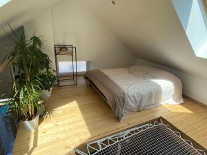 Dormitorio en el ático con cama y macetas en Centre superbe appt 6 personnes avec terrasse classé 3 étoiles, en La Bresse