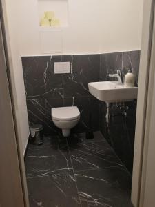 a black tiled bathroom with a toilet and a sink at TEREC HAUS in Bruckneudorf