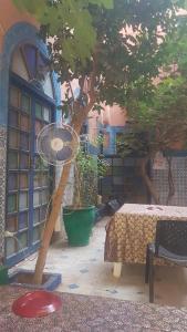eine Terrasse mit einem Tisch, einem Baum und einem Frisbee in der Unterkunft RIAD DAR KADER chambre saumon in Marrakesch