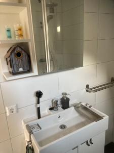 uma casa de banho com um lavatório branco e um espelho. em Bed & Breakfast ‘t Westergouwertje em Gouda