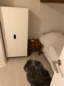 ein Schlafzimmer mit einem Bett, einem Schrank und einem Teppich in der Unterkunft Maison Ancienne à côté des Champs Elysees in Puteaux