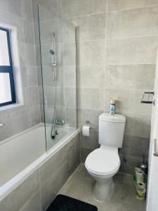 uma casa de banho com um WC e uma cabina de duche em vidro. em Zanaya Apartments em Gaborone