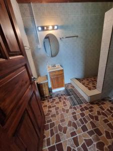 a bathroom with a shower with a sink and a mirror at Mirella Villa in Anse Possession