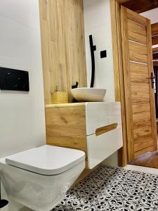 a bathroom with a toilet and a sink at Domek Góralski na Ubocy z jacuzzi in Białka Tatrzańska