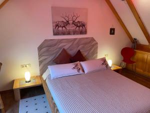 ein Schlafzimmer mit einem Bett und zwei Lampen an Tischen in der Unterkunft Gipfel Lounge in Hahnenklee-Bockswiese