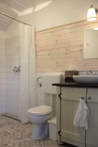 a bathroom with a white toilet and a sink at Kismadár Vendégház Noszvaj in Noszvaj