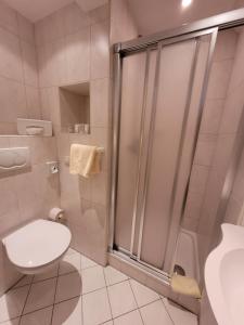 a bathroom with a shower and a toilet at Hotel Obergfell in Todtnau