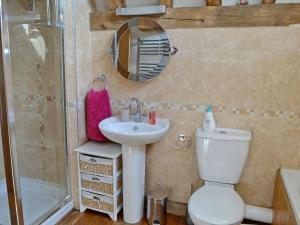 a bathroom with a toilet and a sink and a shower at Romden Barn in Smarden