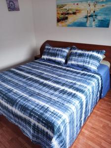ein Bett mit blauer Decke und einem Gemälde an der Wand in der Unterkunft Cabañas Mediterraneas in Pichidangui