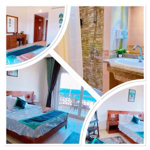 a collage of four pictures of a bedroom and a bathroom at Club Red Dahab Motel in Dahab