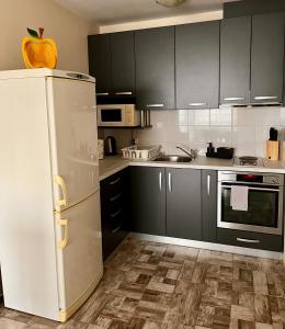 - une cuisine avec des armoires noires et un réfrigérateur blanc dans l'établissement Happy Bears Place, à Varna
