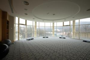 ARDEN PALACE Medical Resort & SPA في ساتانوف: غرفة كبيرة مع نوافذ كبيرة في مبنى