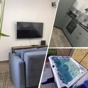 three pictures of a living room with a couch and a tv at Majorka in Tiszafüred