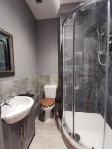 y baño con aseo, lavabo y ducha. en Shared house close to Liverpool city center & LFC/EFC, en Liverpool