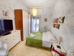 ein Schlafzimmer mit einem Bett und einem Waschbecken sowie einem TV in der Unterkunft Un letto a Gaeta - Villa a Fontania in Gaeta