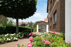 a brick house with pink roses in a garden at Hotel Am Steinberg in Hildesheim
