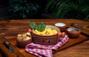 a tray with a bowl of food on a table at KACLLA, The Healing Dog Hostel in Lima