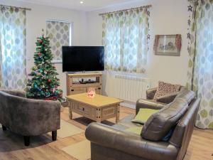 a living room with a christmas tree and a television at The Old Parlour in Sedlescombe