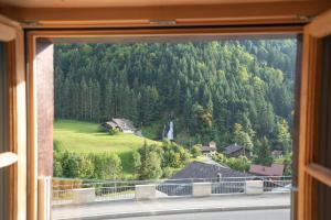 una ventana con vistas a una montaña en Hotel Wasserfall en Jaun