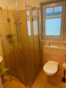 ein Bad mit einer Dusche und einem WC in der Unterkunft Fewo Sonne in Zingst