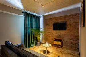 Skio في غودواري: غرفة معيشة مع أريكة وجدار من الطوب