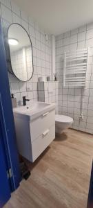 a bathroom with a sink and a toilet and a mirror at Stay in Kaunas & LA51 - Free Parking in Kaunas +65 photos