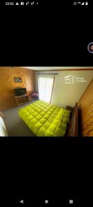 a bedroom with a green bed and a window at REFUGIO GAMBOA in Castro