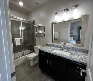 a bathroom with a sink and a toilet and a mirror at Longhorn Flats in Loving +16 photos