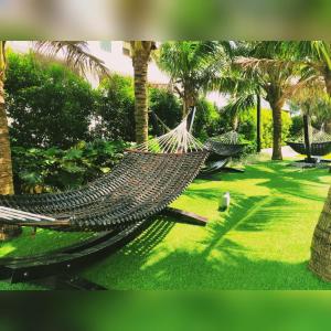 a row of hammocks in a garden with palm trees at D'RZ Muslim Seaview Homestay Bali Residence in Malacca