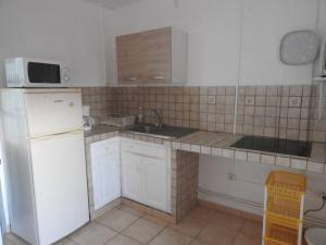 a kitchen with a white refrigerator and a microwave at STUDIO HIBISCUS-CH Vue sur mer,Plage,Clim in Les Anses-dʼArlets