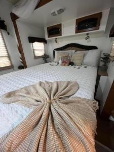 Un dormitorio con una cama grande con un vestido. en Brisas de Isabela Cozy Glamper 1A, en Isabela