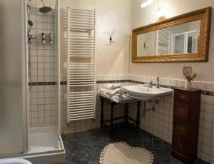 a bathroom with a sink and a shower and a mirror at Guesthouse da Idolina dal 1946 in Montalcino