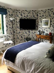 a bedroom with a bed and a flat screen tv at Tullybeggs B&B in Clifden