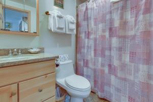 a bathroom with a pink shower curtain and a toilet at Val D'Isere 45 in Mammoth Lakes +39 photos