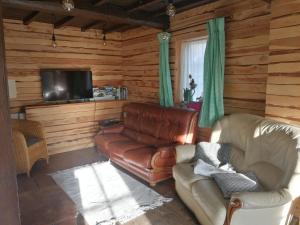 a living room with a leather couch and a television at Gîte La maison rose in Hamois