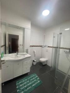 een badkamer met een wastafel, een toilet en een douche bij 2Schlafenzimmer waschen möglich in Mönchengladbach