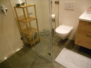 La salle de bains est pourvue d'une douche, de toilettes et d'un lavabo. dans l'établissement Haus Annelies, à Siegsdorf