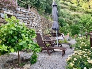 a patio with two chairs and an umbrella in a garden at Villa Pietrafiore in Monterosso al Mare