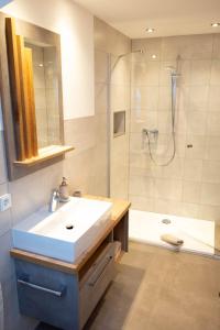 a bathroom with a sink and a shower at Landgasthof Zum Schloss in Birgland