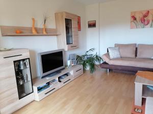 a living room with a couch and a flat screen tv at Ferienwohnung Am Waldrand in Bad Breisig