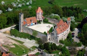 an aerial view of an old castle with turrets at Ferienhaus Burg Abenberg in Abenberg