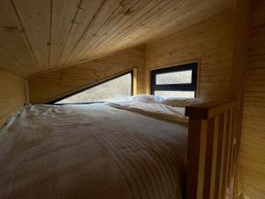 Bett in einer Holzhütte mit Fenster in der Unterkunft Akhatani Inn in Akhatani