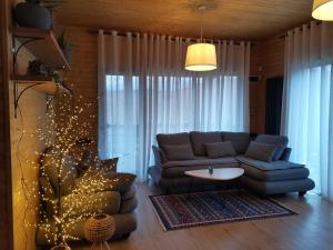ein Wohnzimmer mit Sofa und Weihnachtsbaum in der Unterkunft Akhatani Inn in Akhatani
