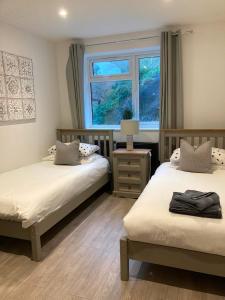 a bedroom with two beds and a window at Ella Court Devon in Torquay