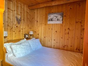 ein Schlafzimmer mit einem Bett in einer Holzwand in der Unterkunft Chalet Les Cocales Résidence Séjour et Nuitées B&B - Appartement Pin Sylvestre in Bessans